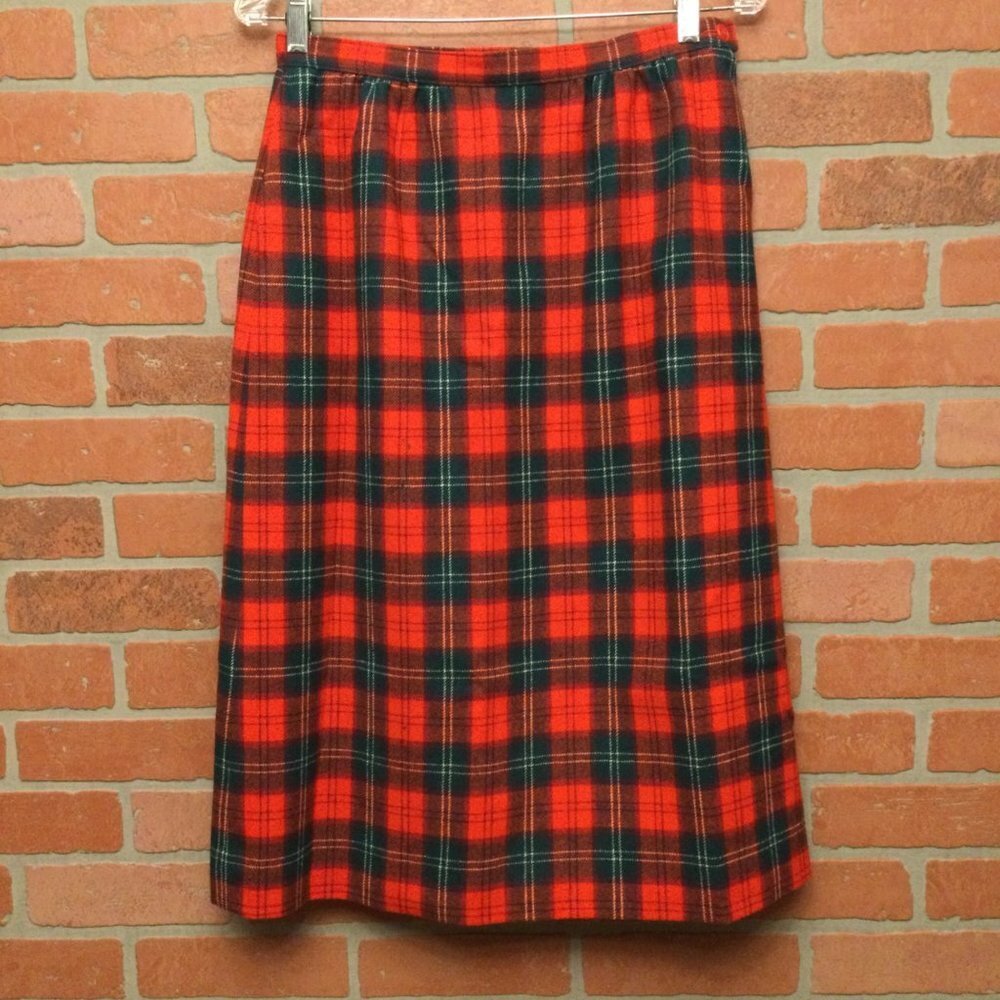 Vintage Pendleton Women's Red Plaid Midi Skirt Lennox Tartan Virgin Wool Schoolg